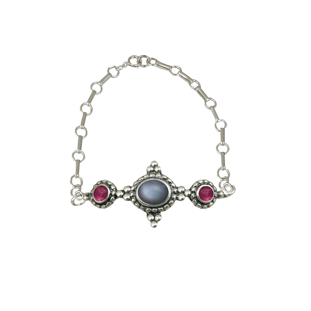Sterling Silver Gemstone Adjustable Chain Bracelet With Grey Moonstone And Pink Tourmaline